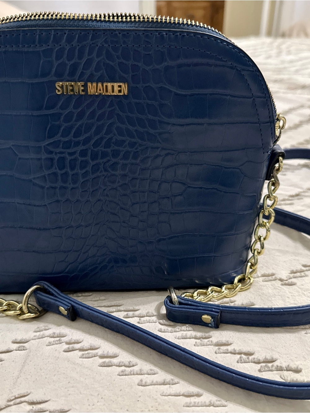 Steve Madden Navy Croc-Embossed Crossbody with Gold Chain Detail